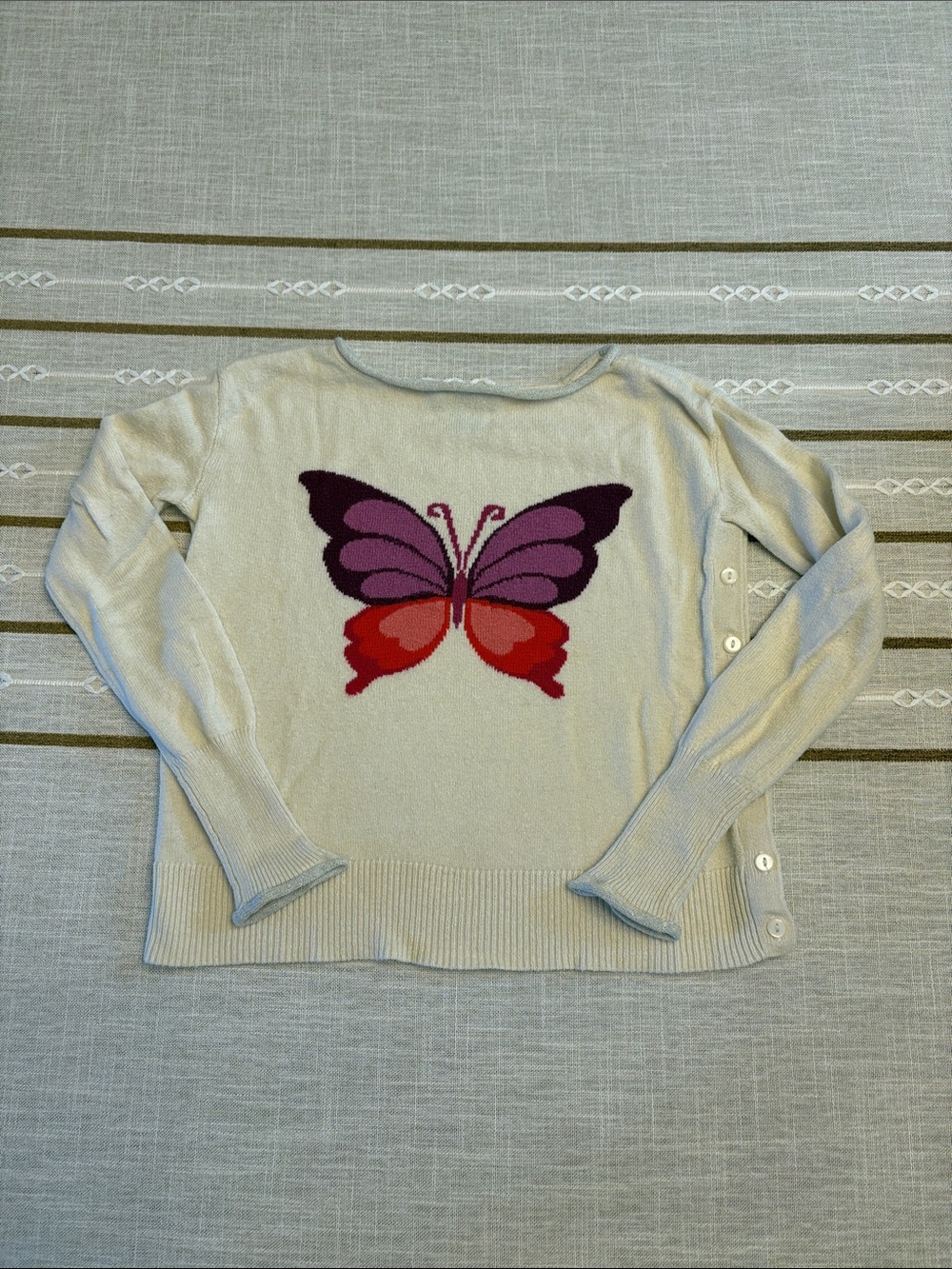 GAP Cream Sweater with Purple and Red Butterfly Motif